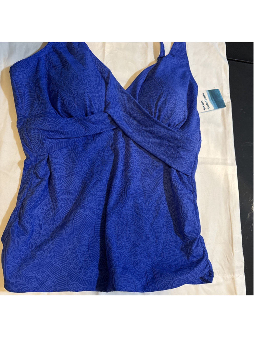 Swim Solutions Printed Twist-Front Tankini Jacquard Swim Top Blue Paisley 10